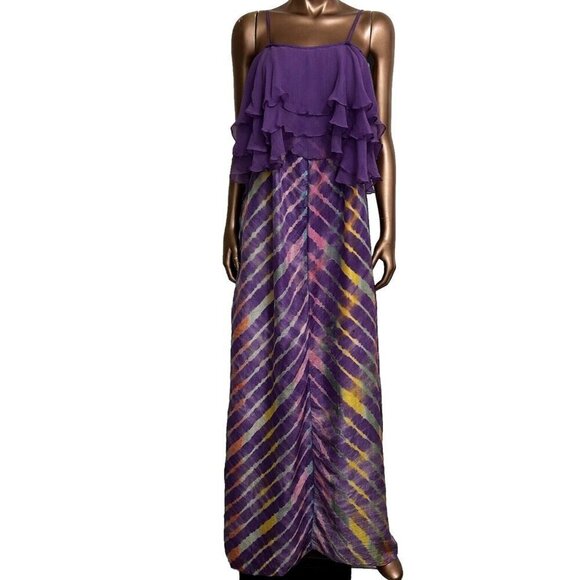 Calypso St Barth 100% Silk Purple Sleeveless Tie Dye Maxi Dress Ruffle Top Sz S - Picture 1 of 13